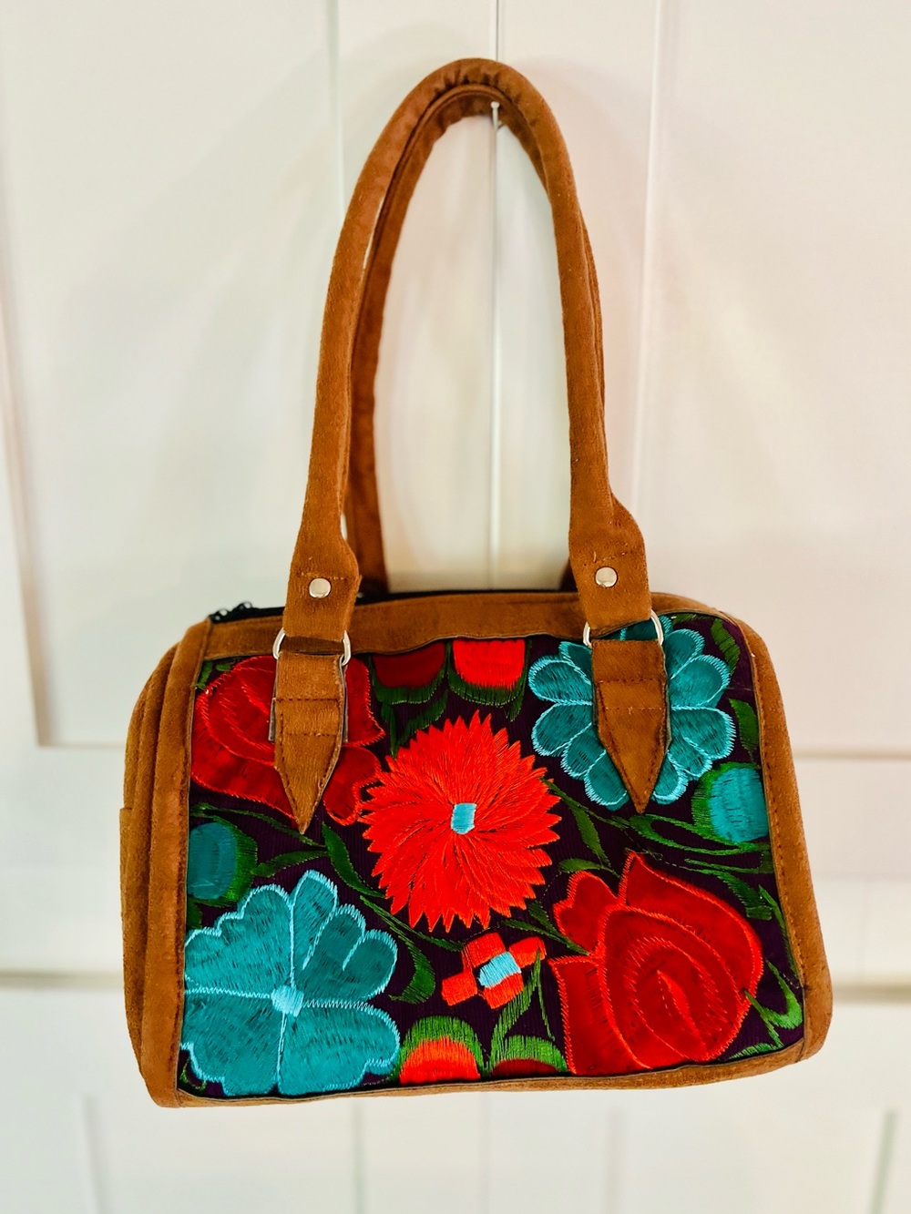 Beautiful handbag red and turquoise brown faux- suede.